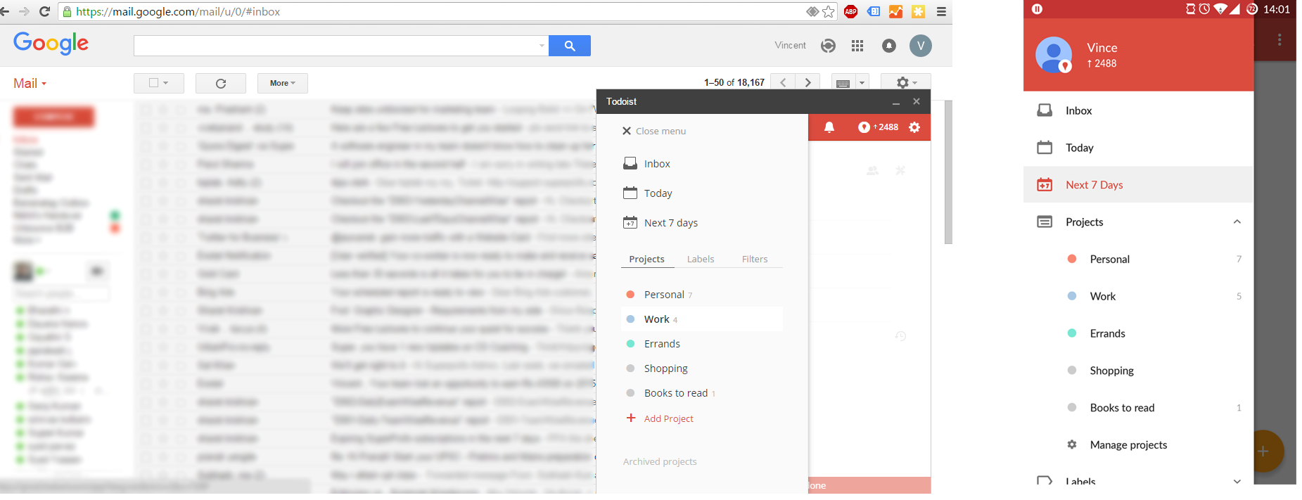 Left: Chrome app/extension on Gmail Right: Android app